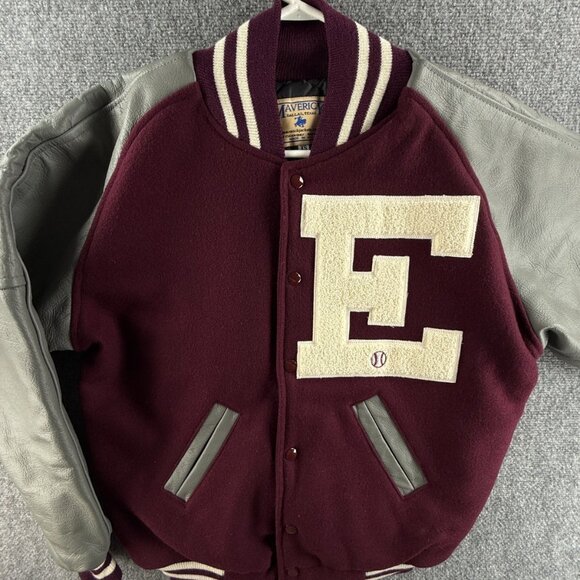 VTG Maverick Varsity Letterman Jacket Wool XS Burgundy Gray USA “E” Baseball